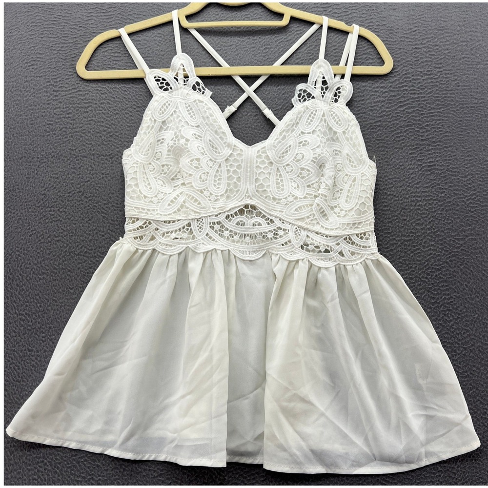 Main Strip Top Women's Size Small White Crochet Lace Peplum Cami Smocked Back